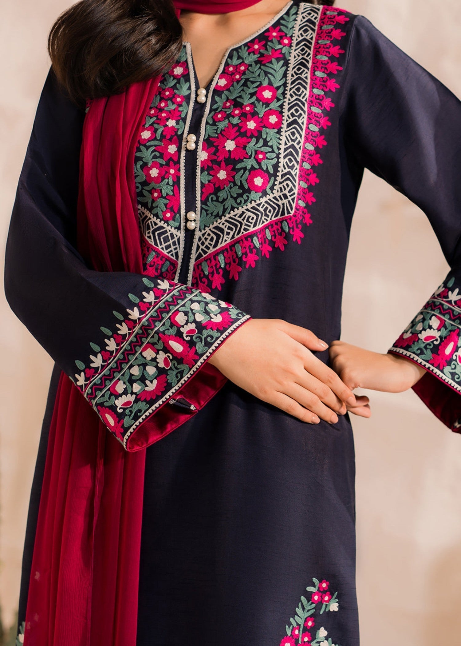 Multi Navy – Embroidered Cotton 3-Piece