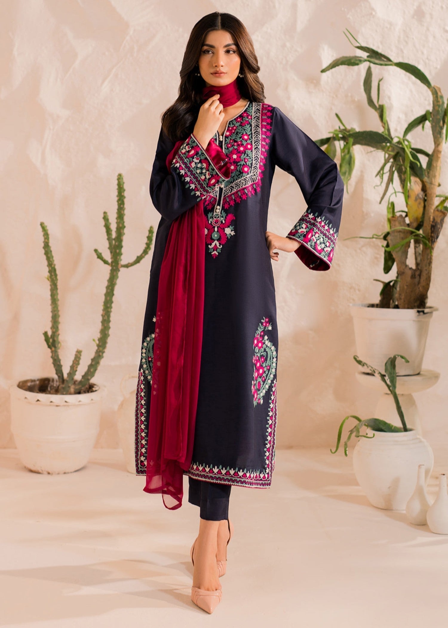 Multi Navy – Embroidered Cotton 3-Piece